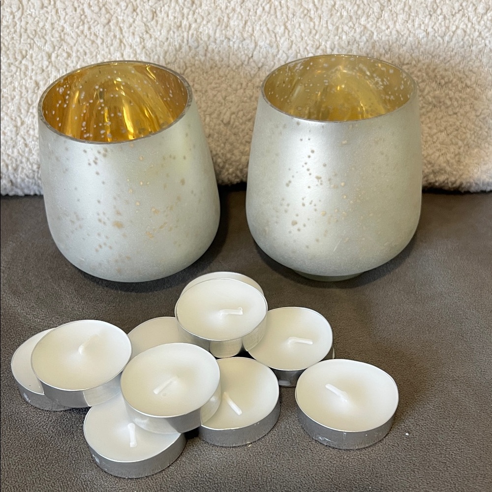 Elegant Gold and Silver Frosted Candle Holders and 10 Tealights